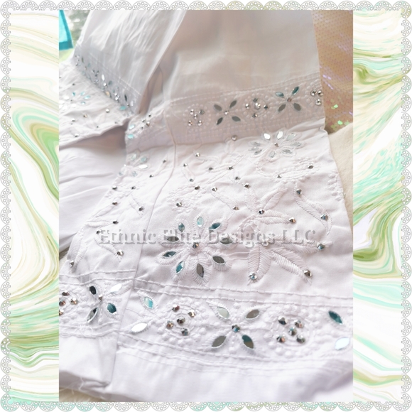 New White embroidered ankle pants with hand cut mirror work with drawstring - Picture 7 of 10